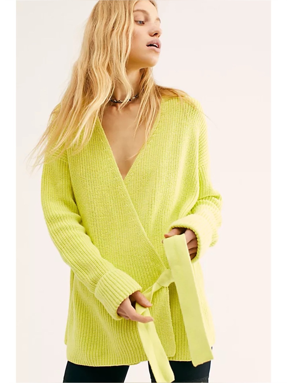 Free People Ribbed Wrap Oversized Cotton Cardigan in Yellow